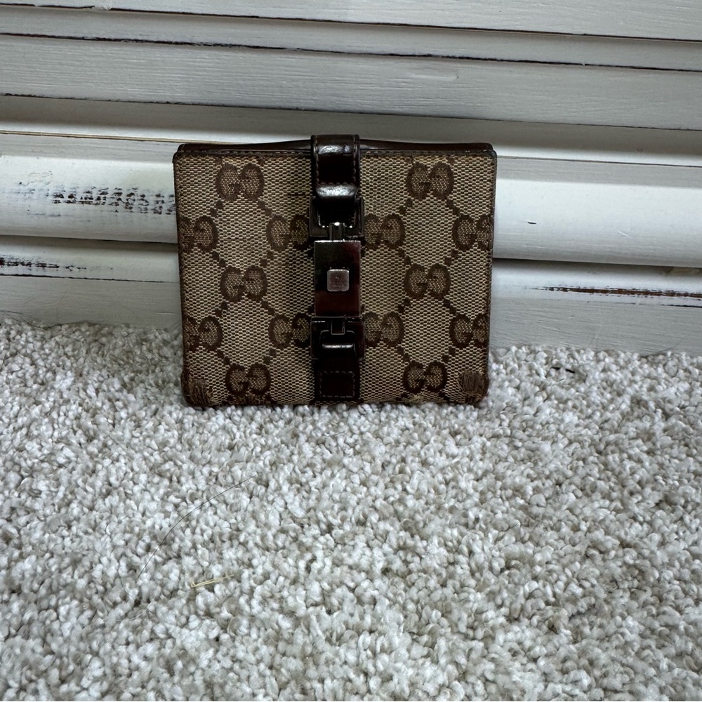 GUCCI Jackie Bifold Wallet GG Canvas Leather Black Monogram